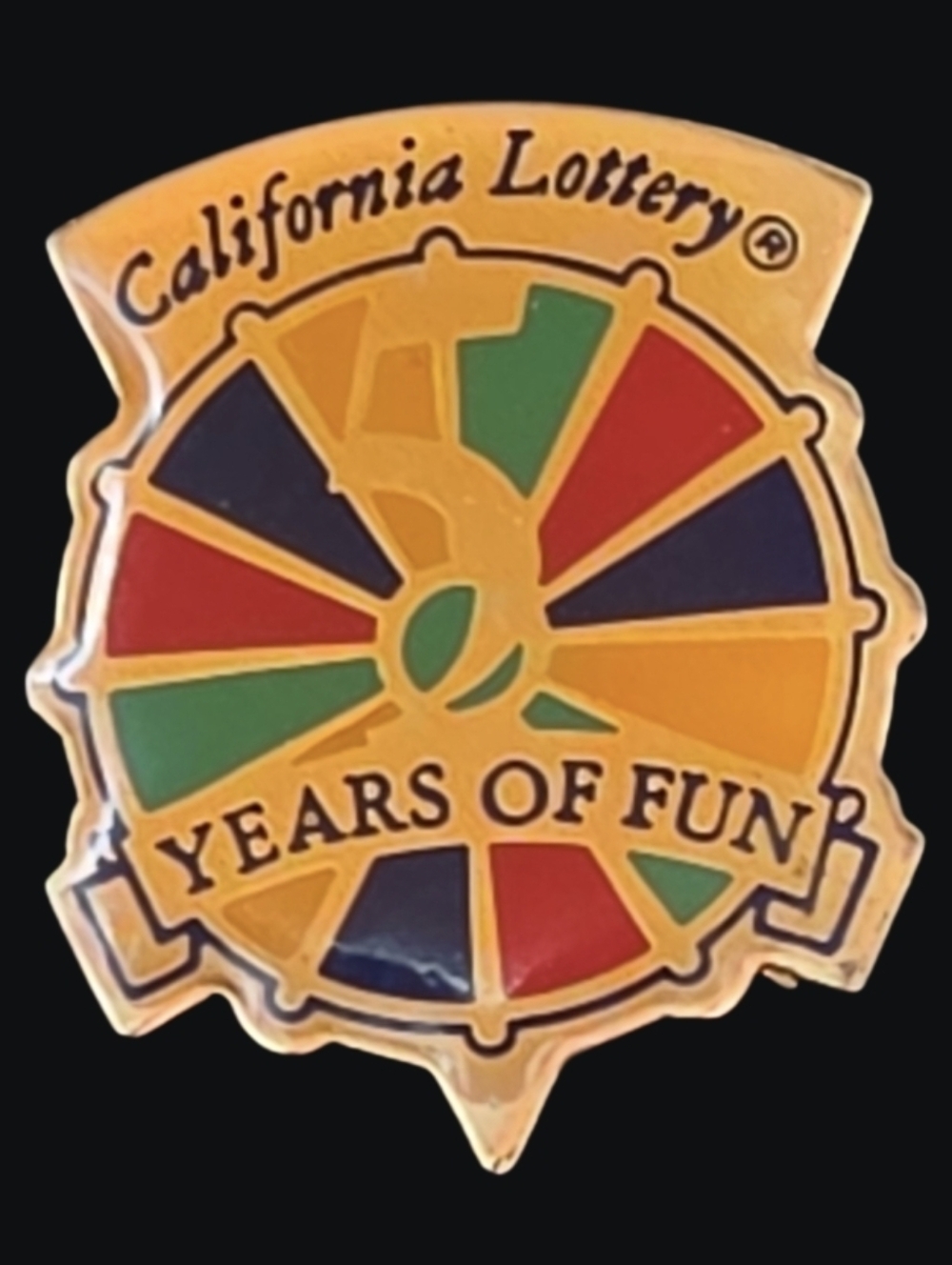 Vintage 1990 California Lottery "5 Years of Fun" Enamel Lapel Pin - Multicolor
